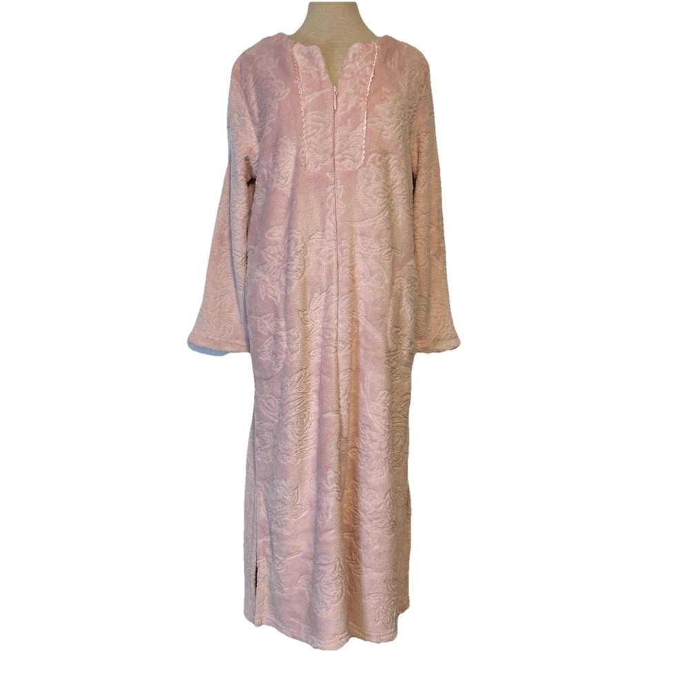 Stan Herman Pink Fleece House Coat‎ Tone Floral Zip Pockets Medium